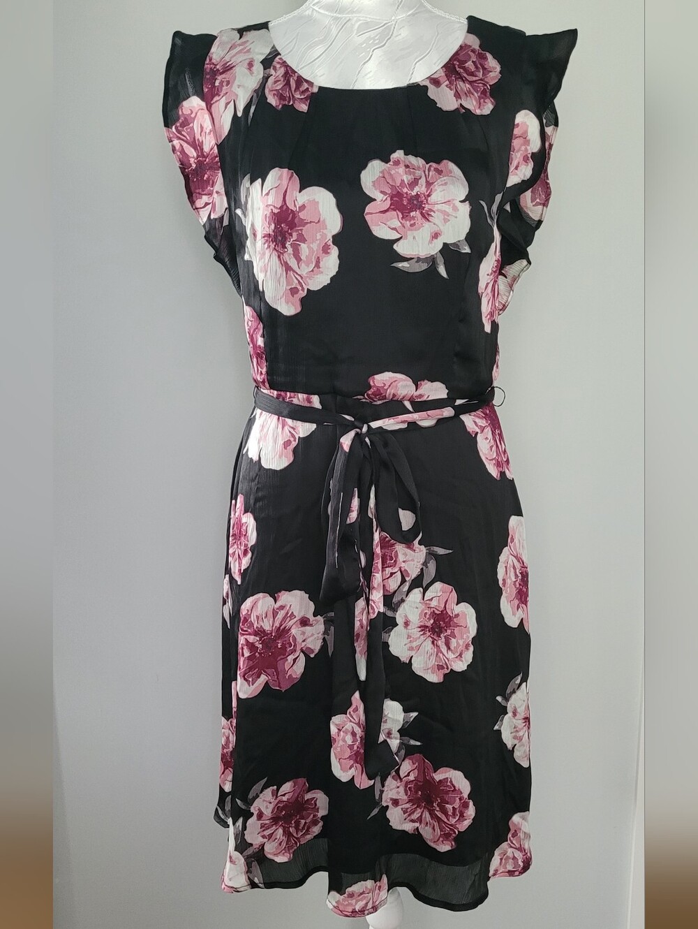 Ricki's Black Midi Dress with Pink Floral Print and Tie Waist